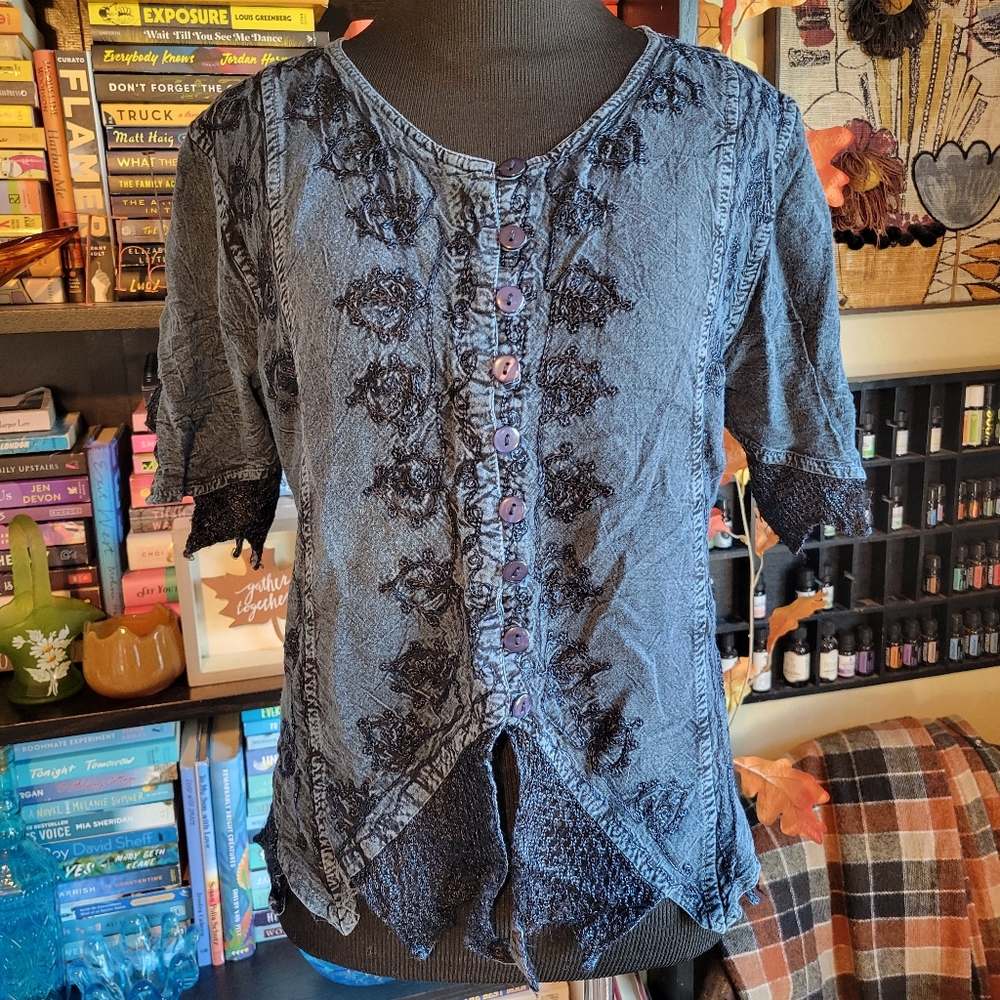 Vintage Button Down Denim Colored Top With Delicate Detailing Size Sm/Med